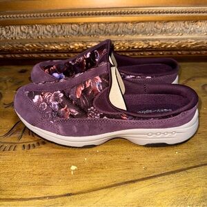 Easy Spirit Womens 7 M Traveltime Shoes Mules Clogs Slip Ons Dark Purple Floral